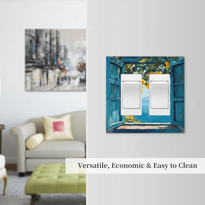 Window View Coastal Lemon Tree Mediterranean Landscape Decorative Outlet Covers 2 Gang Double GFCI Rocker Electrical Wall Panels Light Switch Cover Plate for Bedroom Living Room Decor