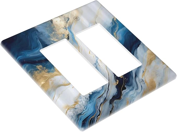Abstract Blue Granite Luxury Watercolor Marble Texture Print 2 Gang Rocker Decora Light Switch Covers Decorative Unique Dual Outlet Covers Wall Plate Electrical Faceplate Switchplate GFCI for Kitchen