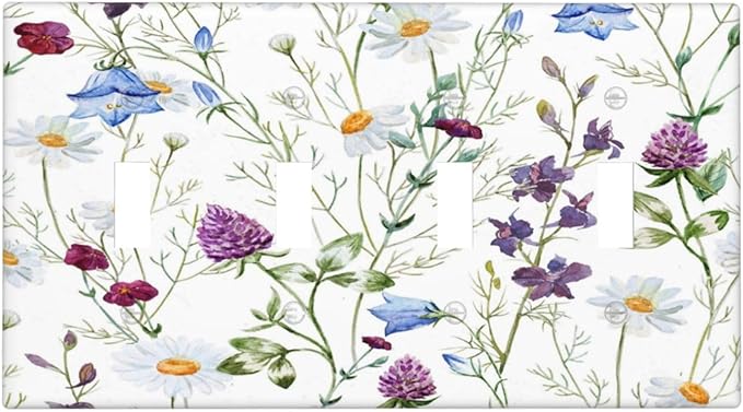 Floral Boho Multicolor Flower Plant Leaves Light Switch Covers Quad Toggle Electrical Faceplate 4 Gang Wall Plate Decorative Switch Plates Cover for Bedroom Living Room Decor