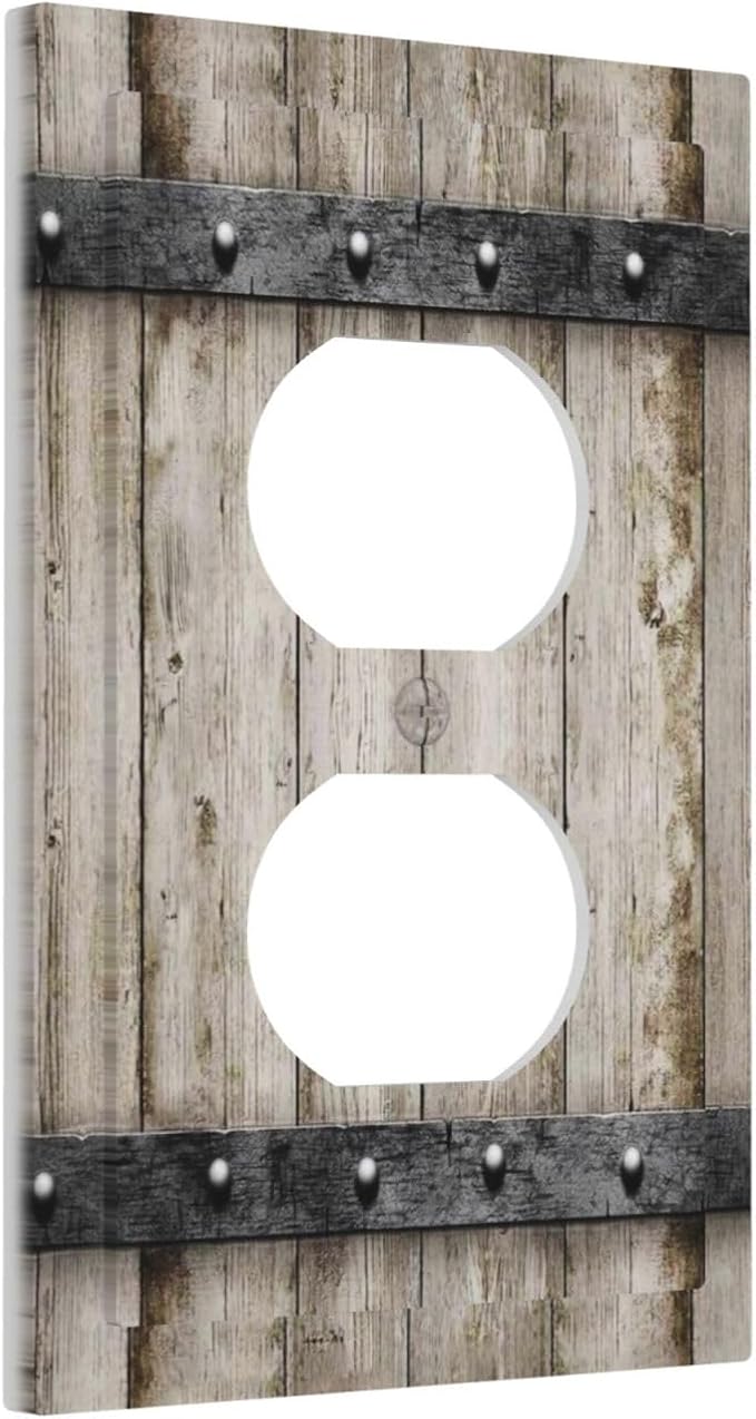 1 Gang Single Duplex Receptacle Outlet Cover Western Barn Rustic Cabin Vintage Brown Wooden Wood Retro Metal Texture Electrical Wall Plate One Gang Dual Device Light Switch Faceplate Socket Plug Cover