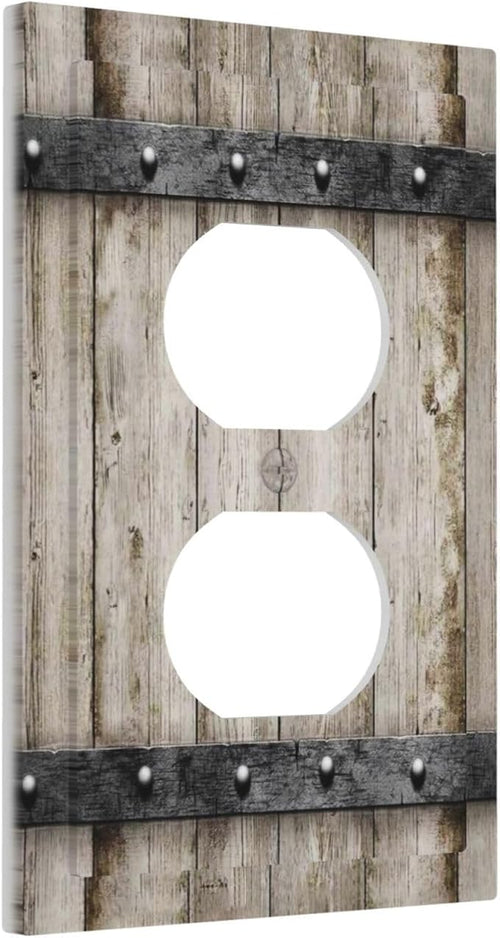 1 Gang Single Duplex Receptacle Outlet Cover Western Barn Rustic Cabin Vintage Brown Wooden Wood Retro Metal Texture Electrical Wall Plate One Gang Dual Device Light Switch Faceplate Socket Plug Cover