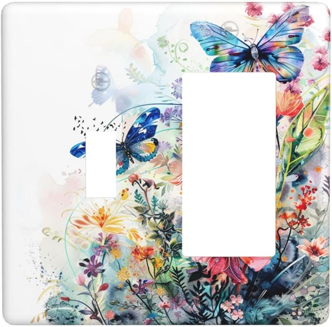 Light Switch Cover Plate Watercolor Colorful Floral Butterflies Wildflowers 2 Gang Combo Wall Plates Toggle Rocker Decorative Switch Plates and Outlet Covers for Bathroom Bedroom Decor