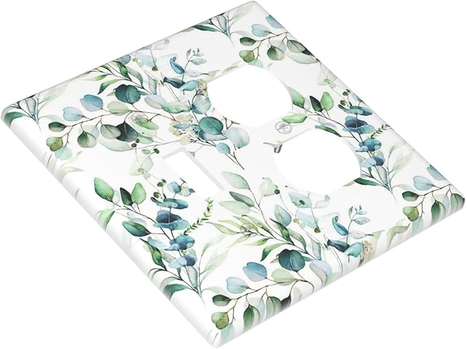 Green Eucalyptus Sage Leaves Combination 1-Toggle 1-Duplex Receptacle 2 Gang Wall Plate, Spring Elegant Watercolor Greenery 2 Gang Combo Single Toggle/Light Switch One Duplex Outlet Faceplate Cover