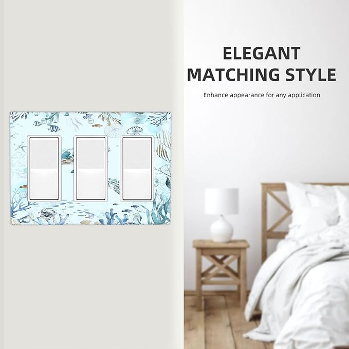 Light Switch Covers Teal Blue Ocean Sea Turtle Seabed Plants 3 Gang Rocker Electrical GFCI Decorative Triple Outlet Wall Plate Cover Switchplate for Bathroom Kids room Decor