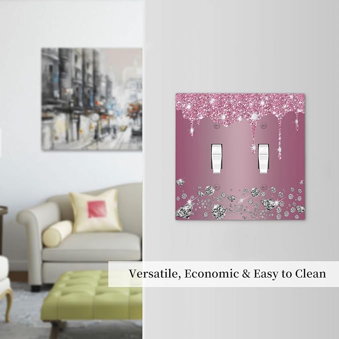 Sparkling Diamonds Pink Silver Glitter Drops Print Double Toggle Light Switch Covers Decorative Unique 2 Gang Wall Plate Dual Electrical Faceplate Switchplate for Bedroom Living Room Decor