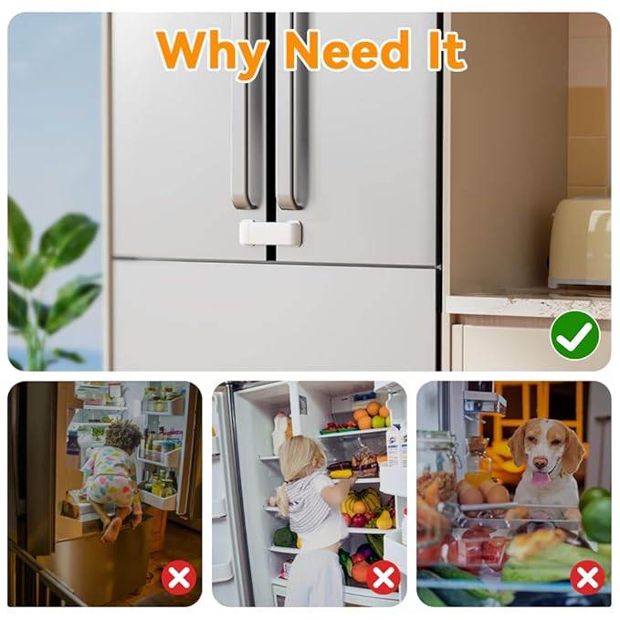 EUDEMON Updated French Fridge Lock French Door Refrigerator/Freezer Lock Apply to Max 2.28"(58mm) Two Door Gap Distance,Cabinet Cupboard Lock for Kids & Babies,Easy to Install(1Pack,White)