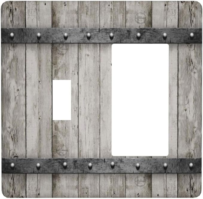 2 Gang Barn Door Toggle Rocker Light Switch Cover Decorative Combin Wall Plate Cover Plastic Faceplate Vintage Farmhouse Country Rustic for Bathroom Home Bedroom Art Panel Decor 4.5 X 4.5 In