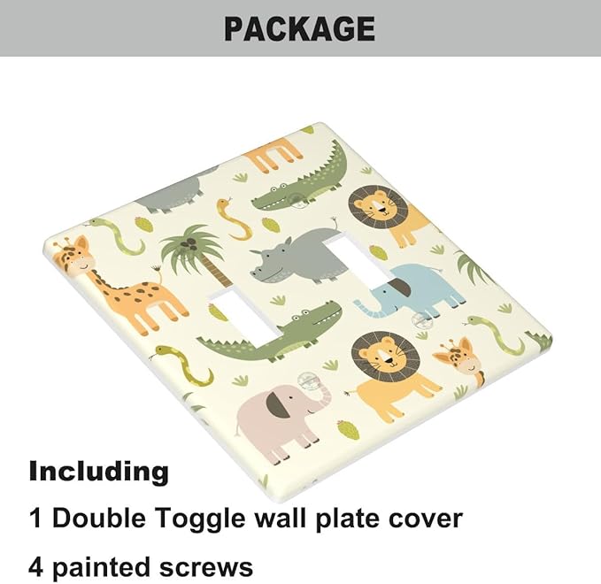 Cartoon Safari Animals Light Switch Cover Plate Cute Hippo Crocodile Lion Elephant And Giraffe Funny Wildlife Double Toggle Light Switch Cover 2-Gang Wall Plate for Boys Girls