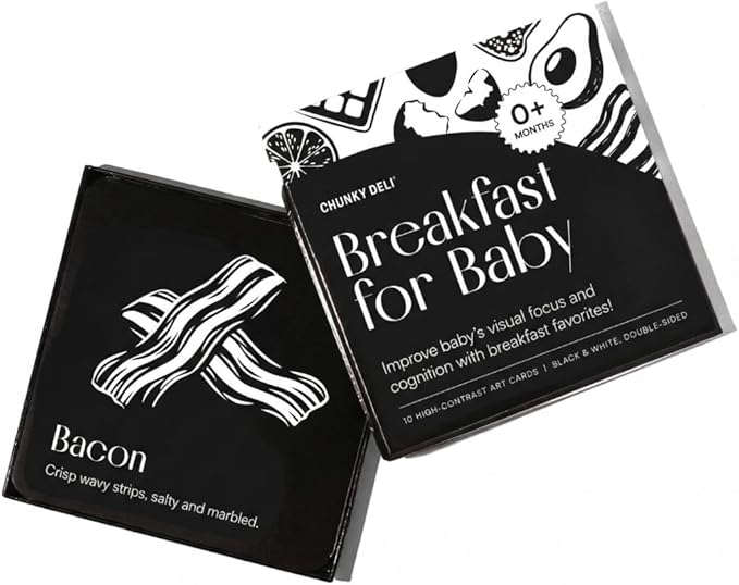 Chunky Deli Breakfast for Baby High-Contrast Art Cards Black and White Newborn Vision Tracking Flash Cards for Tummy Time Food Themed Infant Toys 0-6+ Months