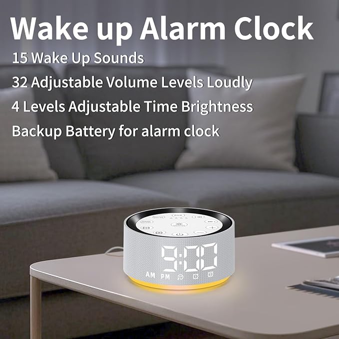 Alarm Clock Sound Machine White Brown Noise Machine with 30 Sleeping Sounds for Baby Kids Adults Night Light Bedroom 2 Alarms Backup Battery 32-Level Vol 15 Wake up Sounds for Mild Heavy Sleeper
