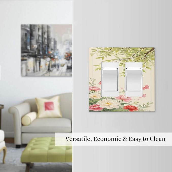 Decorative Outlet Covers Garden Flowers Green Leaves And Butterflies 2 Gang Double GFCI Rocker Electrical Wall Panels Light Switch Cover Plate for Bedroom Cabin Decor