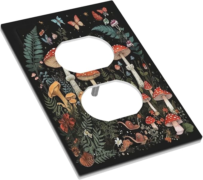 Cartoon Floral Mushroom forest Butterfly Flowers Outlet Covers 1 Gang Duplex Electrical Receptacle Faceplate Light Switch Cover Wall Plate Decorative Switch Plates for Bedroom Kids Room Decor