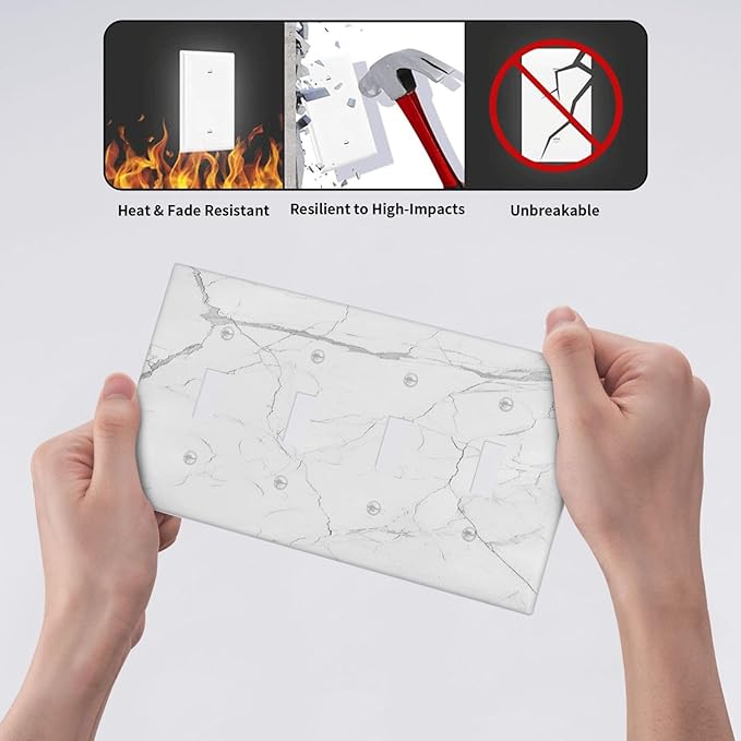 Light Switch Covers White Grey Abstract Modern Marble Quad Toggle Electrical Faceplate 4 Gang Wall Plate Decorative Switch Plates for Bathroom Kitchen Decor