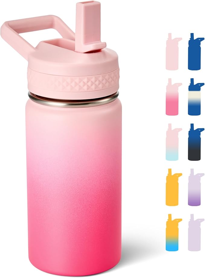 Fijinhom 12 oz Kids Water Bottle, Toddler Water Bottle with Straw, Boys&Girls Bottle for School, 304 Stainless Steel Vacuum Insulated Bottle for Kids, BPA-Free, Leak-Proof, Cherry Blossom