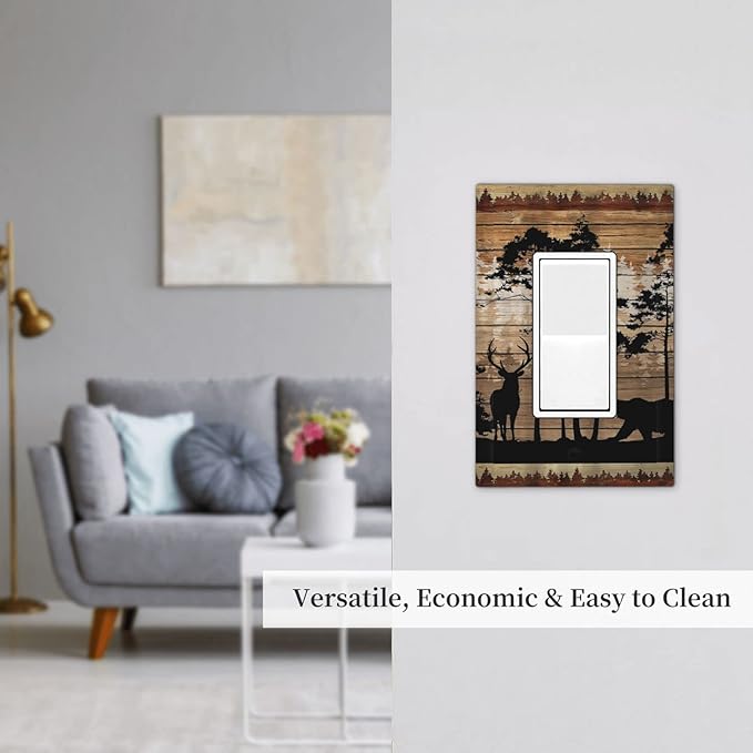Rustic Mountain Forest Antler Elk Bear Deer Silhouettes Woodland Hunting Animals 1 Gang Electrical Single Decorator/GFCI Device Wall Plate Decorative Electric Rocker Light Switch Outlet Cover Dimmer