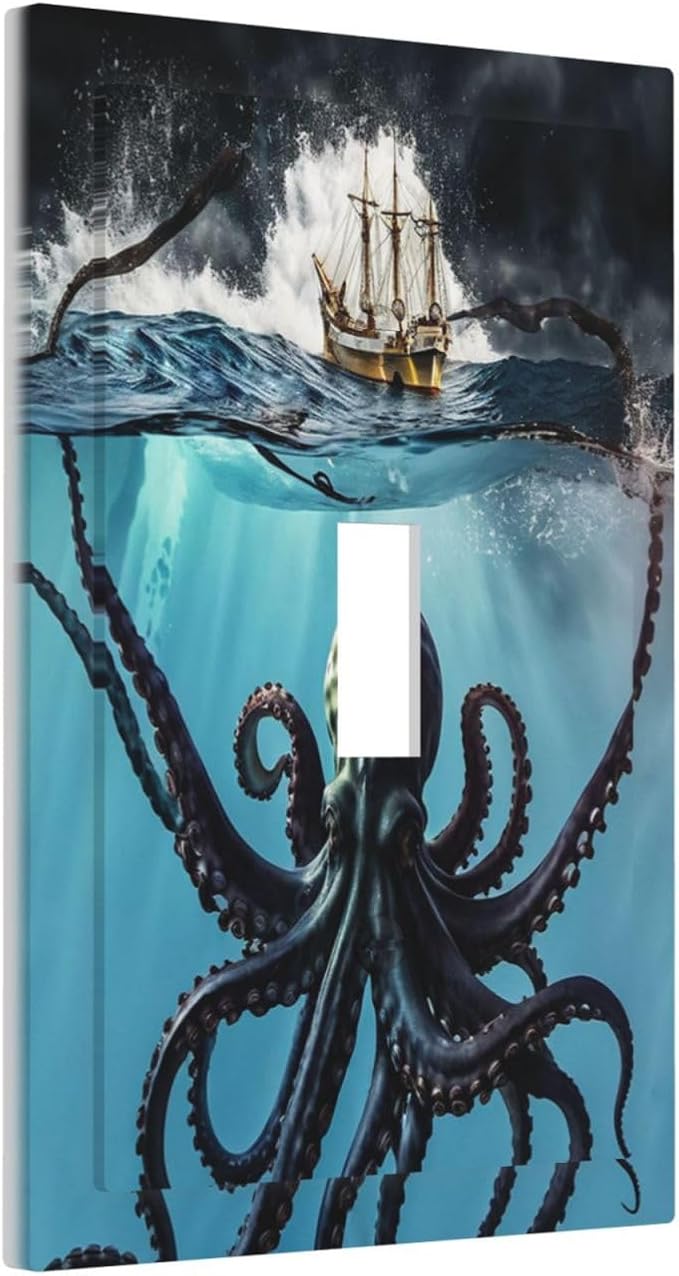Light Switch Cover Plate Black Ocean Nautical Octopus Ship Funny Kraken 1 Gang Decorative Switch Plate Covers Single Toggle Wall Plates Electrical Faceplate for Bathroom Home Decor