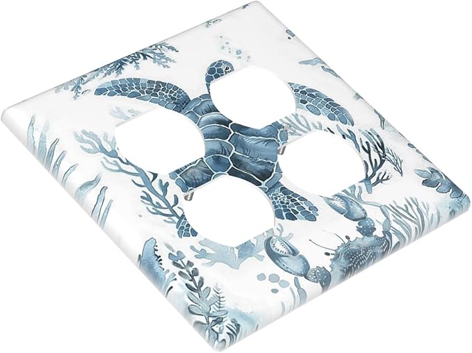 Blue Sea Turtle Coastal Coral Beach Crab Seaweed Outlet Covers 2 Gang Double Duplex Decorative Light Switch Covers Electrical Wallplates Socket Faceplate for Kids Room Bathroom Decor
