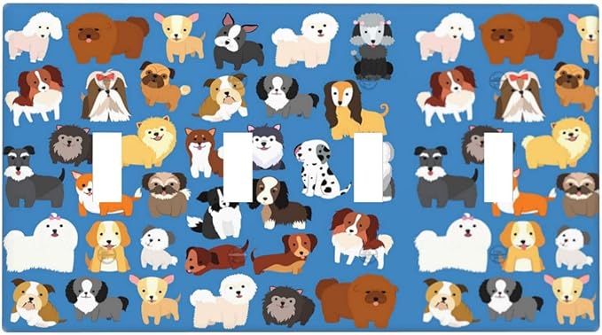 Cute Animal Dogs Puppy Decorative Outlet Cover Quad Toggle Light Switch Plate Cover Electricity Receptacles Plates For Home Kitchen Living Bedroom 8 * 4.5