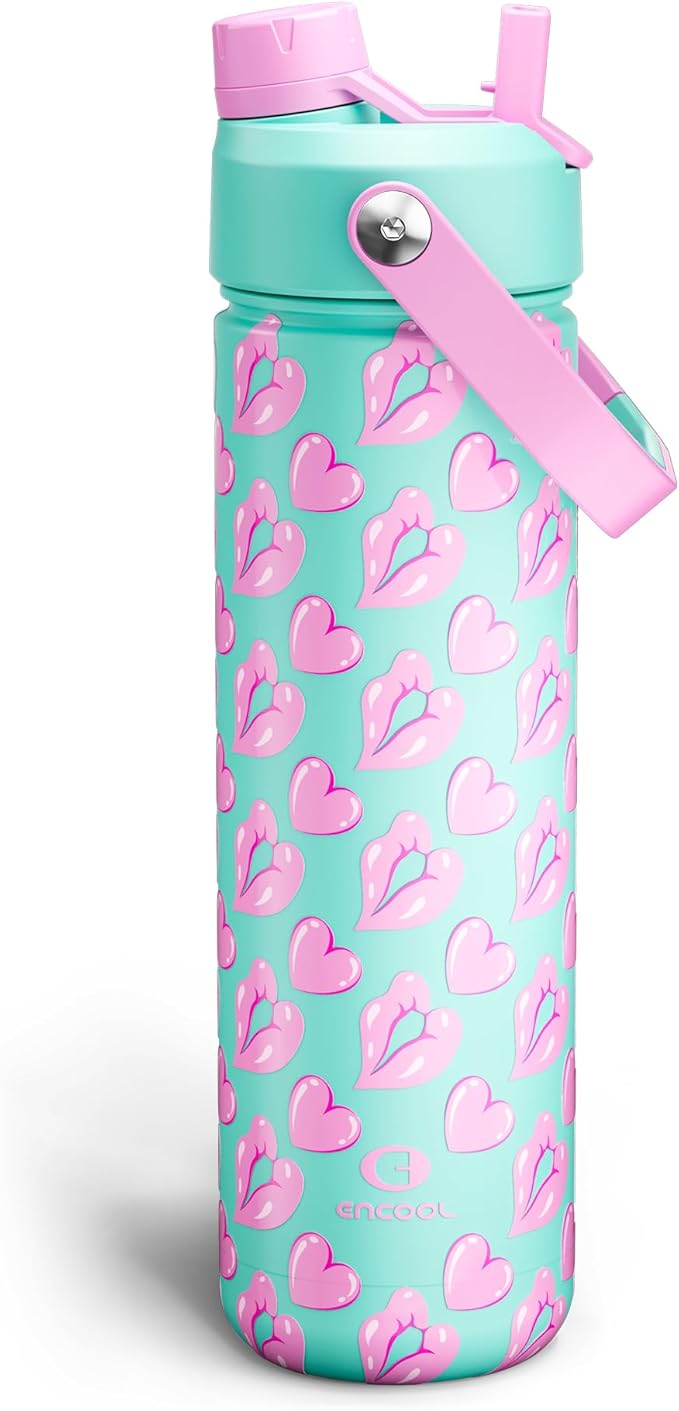 ENCOOL Valentine's Day Insulated Water Bottle with Straw Stainless Steel Water Bottle, Leak-Proof, BPA-Free, Keeps Cold for 24 Hours for Sports, Travel, School (26 oz, Kiss Love Violet x Mint)