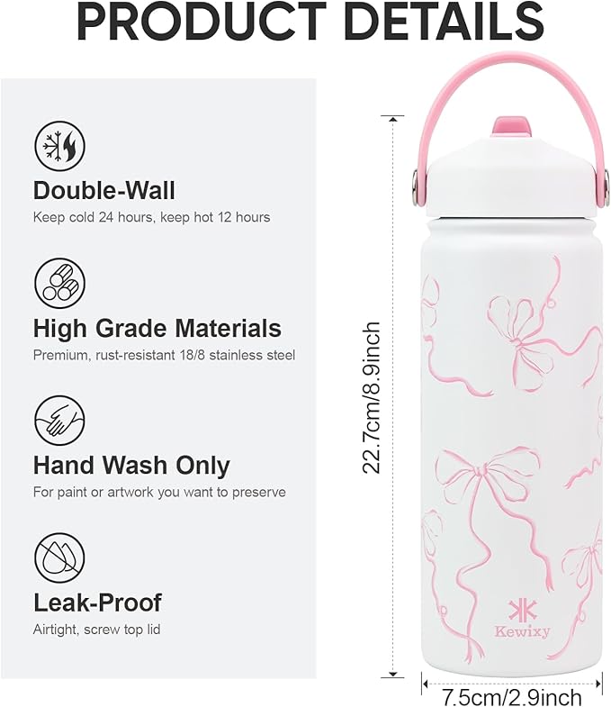 KEWIXY 18 oz Pink Bow Water Bottle with Straw, Leak Proof, Insulated Stainless Steel with Handle, Reusable, Metal (Breeze Pink Bow)
