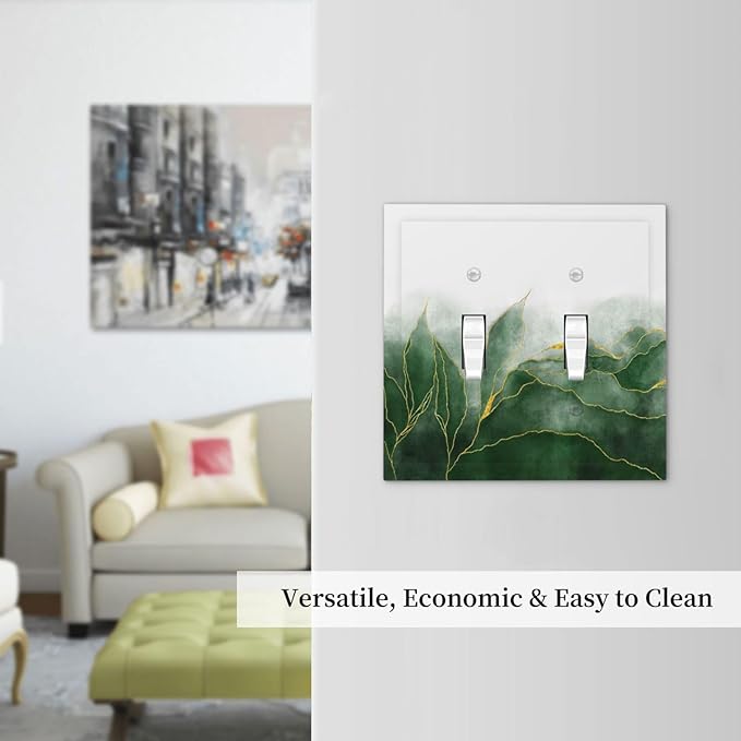 Light Switch Cover Plate Green Gold Leaf Marble Modern Abstract 2 Gang Double Toggle Decorative Switch Plates Plug Cover Wall Plates Electrical Faceplate for Kitchen Bathroom Decor