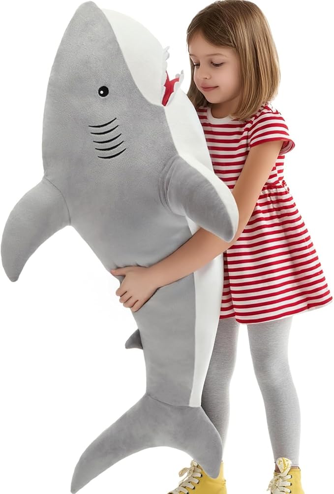 MorisMos 39inch Giant Shark Stuffed Animal, Large Stuffed Shark Plush Toys Pillow Gift for Kids Girlfriend, Gray