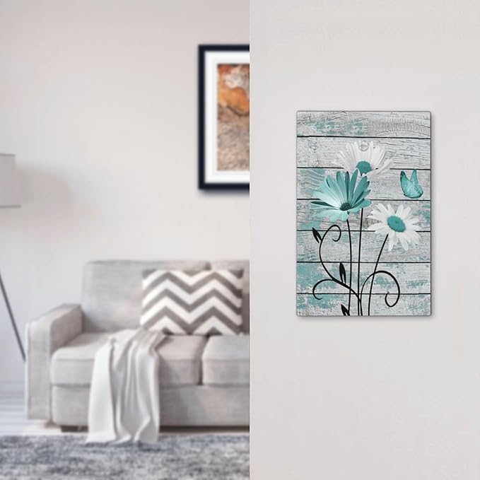 Teal White Daisy Flower Butterfly On Rustic Wood Board Light Switch Cover Plate 1 Gang No Device Blank Electrical Wall Plates Faceplate Decorative Switch Plate Covers for Farmhouse Bedroom Decor