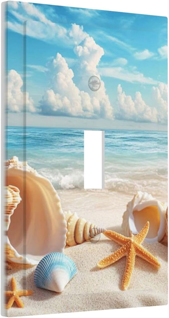 Beach Coastal Seashore Sea Starfish Shell Sand Decorative Light Switch Cover 1 Gang Single Toggle Device Electrical Faceplate Switchplates Decorator Outlet Wall Plate for Bathroom Home Decor
