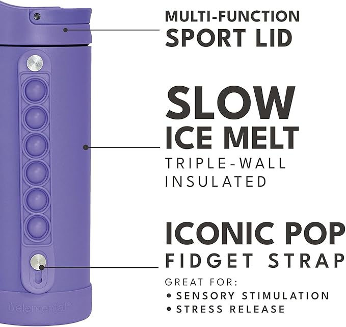 Elemental Iconic Kids Water Bottle for School - 100% Leak-Proof Insulated Water Bottles with Straw Lid & Pop-It Handle for Boys & Girls - Triple-Wall Insulated & BPA-Free, 14oz – Lavender