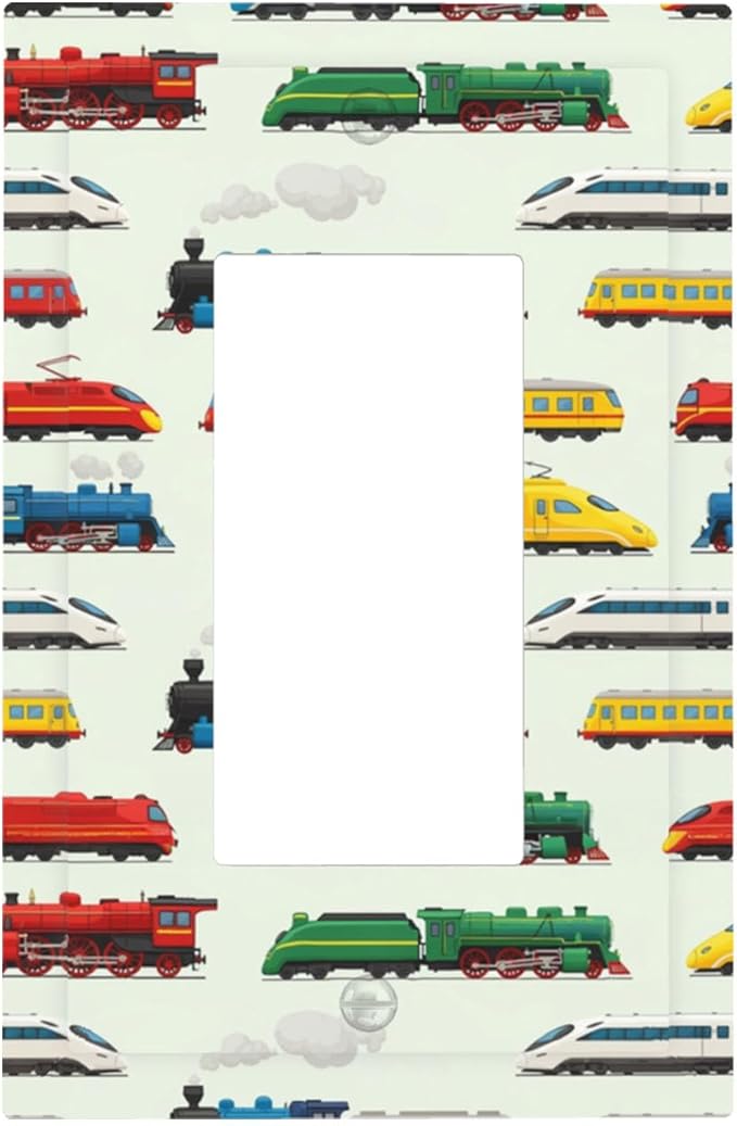 Vintage & Modern Trains Single Rocker Switch Cover - 1-Gang Standard US Size Colorful Locomotive Light Switch Covers, Retro Steam & High-Speed for Boys Room