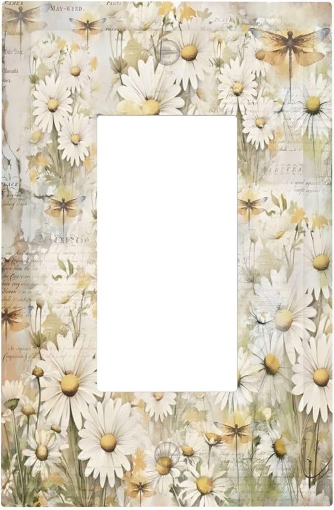 Vintage Letter Paper Wildflowers Dragonfly Daisy Floral Decorative Outlet Covers 1 Gang Single Rocker Light Switch Cover Plate Wall Plates GFCI Faceplate for Farmhouse Bedroom Decor
