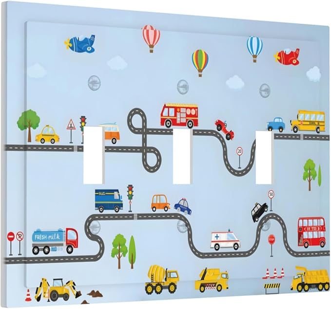 Road Construction Car Truck Hot Air Balloon Decorative Switch Plates 3 Gang Wall Plate Triple Toggle Light Switch Cover Faceplate Electrical Wall Panels for Nursery Kids Room Decor