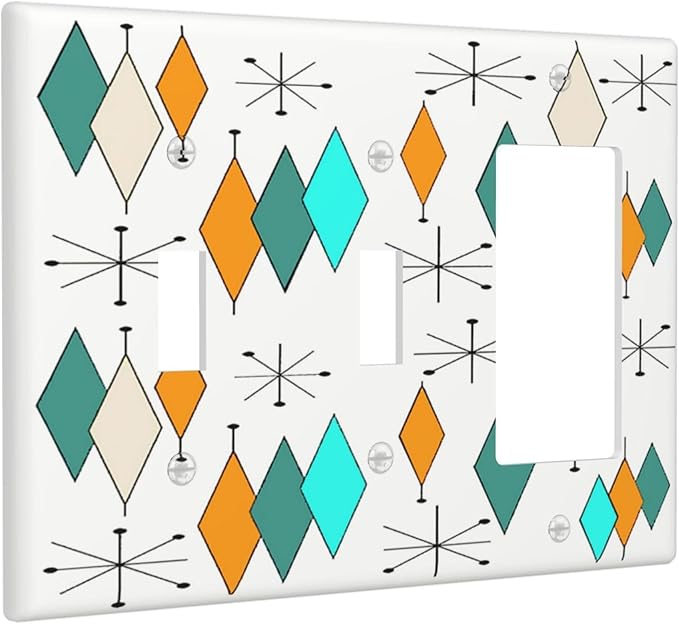 Retro Boho Geometric Mid Century 3-Gang 2-Toggle 1-GFCI/Decorator Combination Light Switch 60S Abstract Atomic Diamond Stars Art Combo Device Two Switches/Rocker Switches Outlet Covers and Wall Plate
