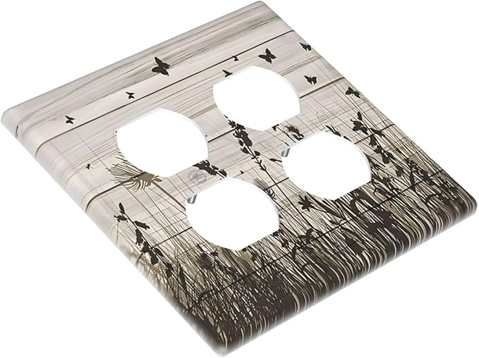 Wildflower Butterfly Grass Dandelion Vintage Wooden Print Outlet Covers 2 Gang Double Duplex Decorative Light Switch Covers Electrical Wallplates Socket Faceplate for Farmhouse Home Decor