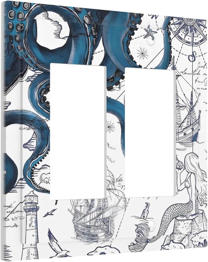 Nautical Vintage Map Octopus Mermaid Lighthouse Boat Decorative Outlet Covers 2 Gang Double GFCI Rocker Electrical Wall Panels Light Switch Cover Plate for Bathroom Kids Room Decor