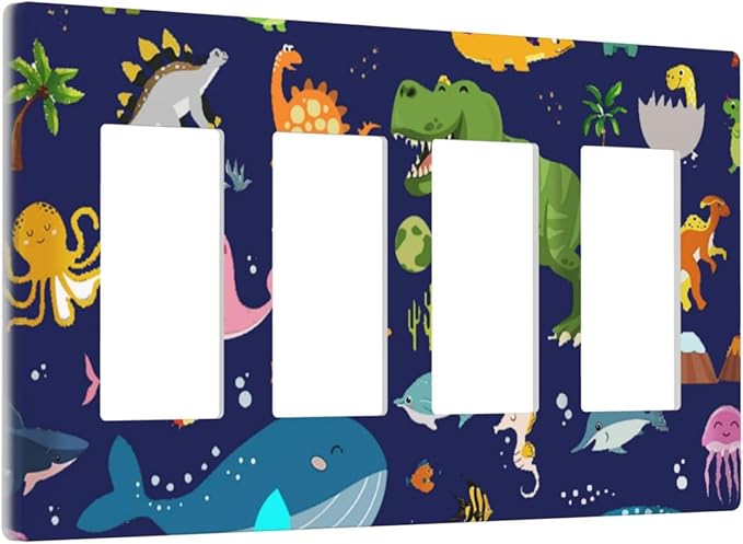 Kids Boys Cartoon Dinasour Ocean Animals Theme 4 Gang Quad Rocker Light Switch Cover Decorative Quadruple Device GFCI/Decorator Wall Plate Electric Faceplate Screwless