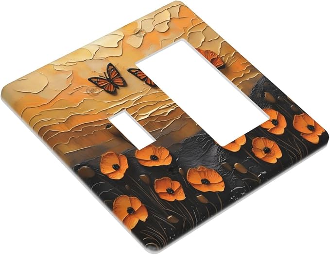 Oil Painting Flower Sunset Butterfly Vintage Rustic Floral Outlet Covers 1 Toggle 1 Rocker Combination Decorative Wall Plate Electrical Switch Plates Light Switch Cover Plate for Bedroom Living Room
