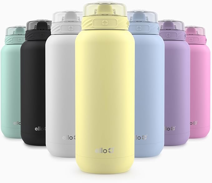 Ello Cooper 32z Stainless Steel Water Bottle with Straw and Carry Handle, Double Walled and Vacuum Insulated Metal, Leak Proof Locking Lid with Soft Silicone Spout, Reusable, BPA Free, Lemonade
