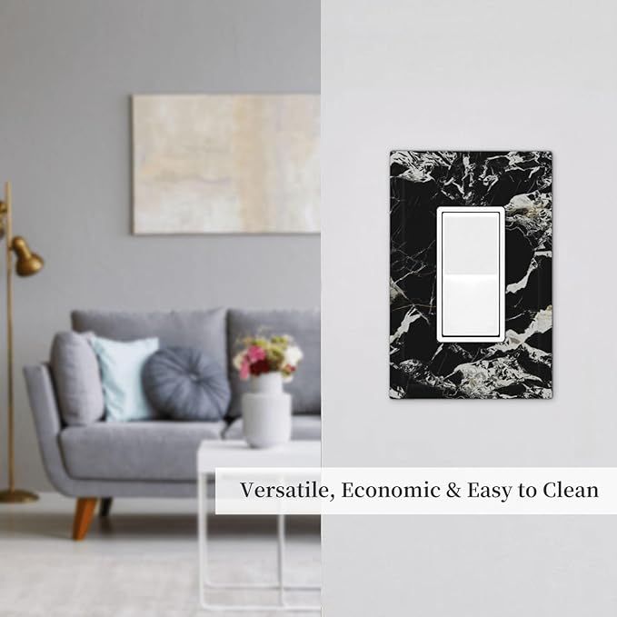 Black Marble Patterns Low Key Luxurious Decorative Outlet Covers 1 Gang Single Rocker Light Switch Cover Plate Wall Plates GFCI Faceplate for Bathroom Kitchen Decor