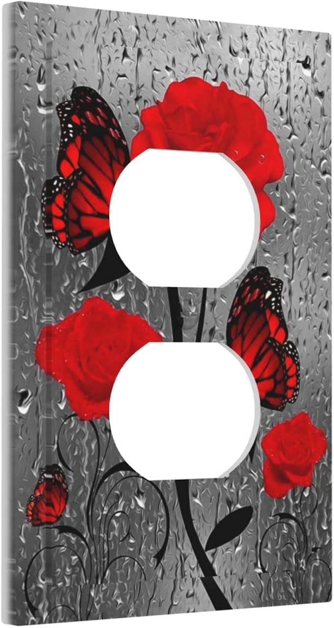 Red Rose Valentine's Day 1 Gang Outlet Covers Duplex Receptacle Wall Plate Decorative Electrical Faceplate Switchplates Red Rose Flower Butterfly Painted Girls Bedroom Decorate 5" x 3 Large Size