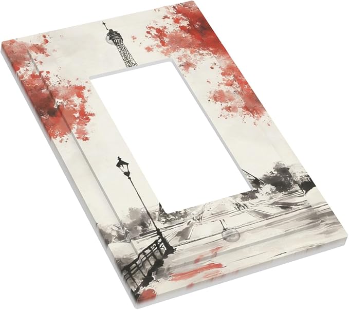 Parisian Watercolor Eiffel Tower Single Rocker Switch Cover - 1-Gang Standard US Size Paris Cherry Blossoms Romantic Light Switch Covers, Vintage French Watercolor for Bedroom Decor
