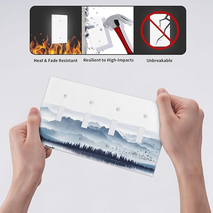 Light Switch Covers Mountain Foggy Lake Boat Grey Blue Forest Birds Quad Toggle 4 Gang Wall Plate Electrical Faceplate Decorative Switch Plates for Bedroom living Room Decor