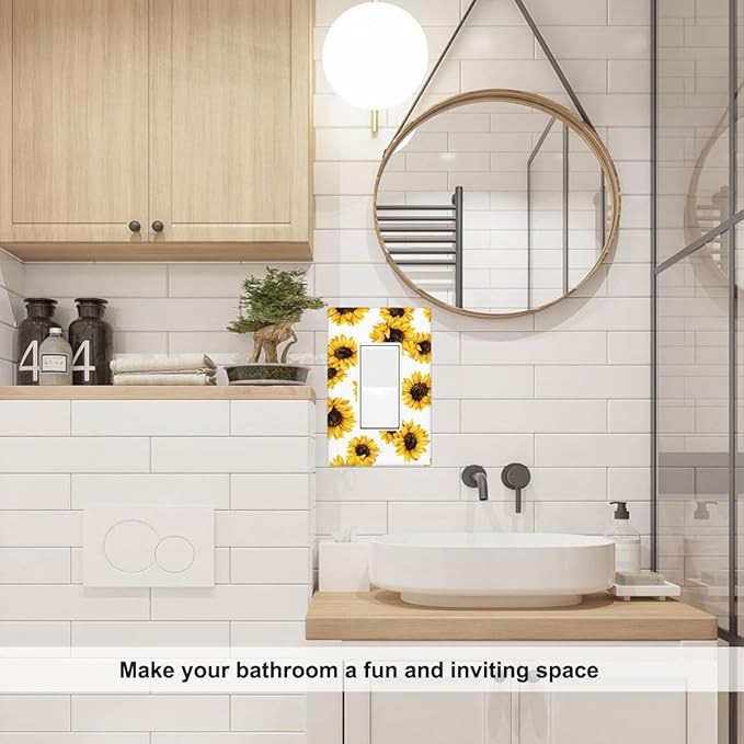 Sunflower Single Rocker Light Switch Cover, Yellow Floral White Sunflowers 1-Gang Decorator Wall Plate for Farmhouse Home Bedroom Decor