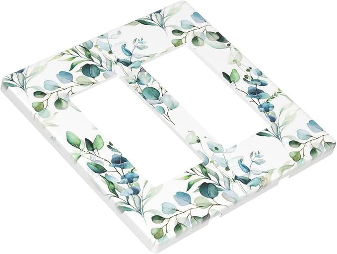 Decorative Double Decorator/GFCI Wall Plate 2 Gang Green Eucalyptus Leaves, Spring Summer Tree Sage Olive Leaf Electrical Outlet Rocker/GFCI Light Switch Cover Faceplate Covers Screwless for Dimmer