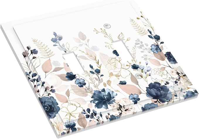 Blue Flora Boho Vintage Flower Golden Leaves Decorative Switch Plates 2 Gang Double Toggle Outlet Light Switch Cover Wall Plate Electrical Faceplate for Bedroom Living Room Decor