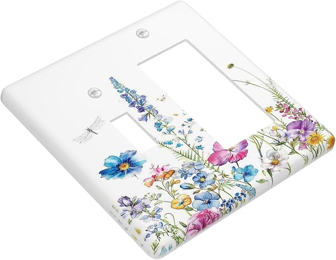 Outlet Covers Boho Colorful Flowers Plants And Dragonflies 1 Toggle 1 Rocker Combination Decorative Wall Plate Light Switch Cover Plate Electrical Switch Plates for Bedroom living Room Decor