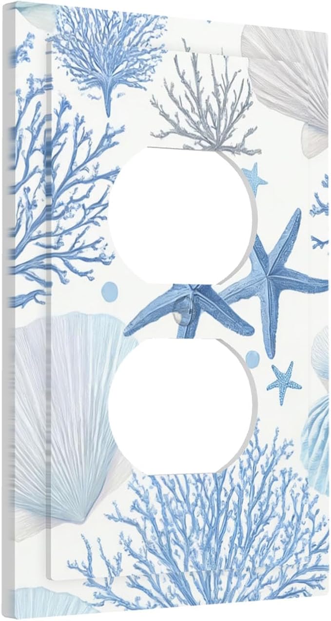 Coastal Blue Coral & Starfish Duplex Wall Plate - 1-Gang Standard US Size Watercolor Ocean Treasures Outlet Covers, Serene Underwater Garden for Beach House Decor