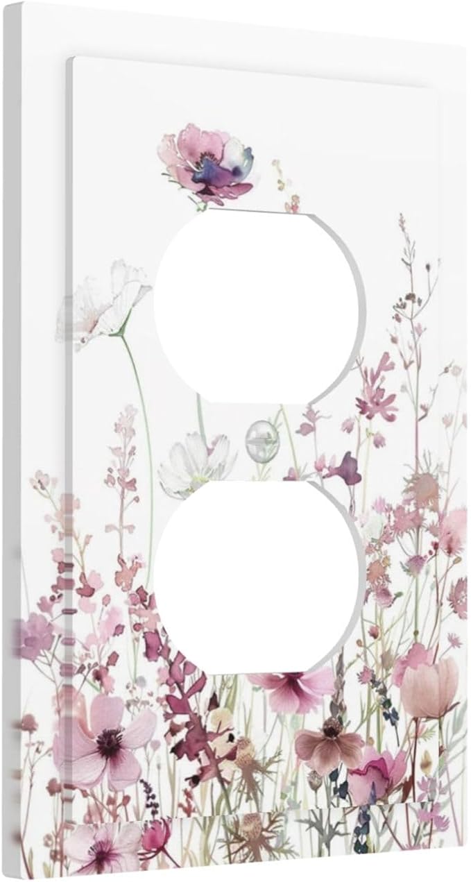 Floral Pink Watercolor Wildflowers Plant Flower Outlet Covers 1 Gang Duplex Light Switch Cover Decorative Switch Plates Electrical Receptacle Faceplate Wall Plate for Bedroom Living Room Decor