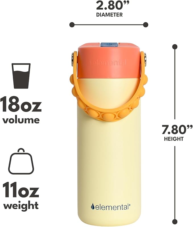 Elemental Insulated Kids Water Bottle, Stainless Steel Water Bottle with Straw Lid & Pop-It Handle, Leak-Proof Water Bottles for School, Boys or Girls, Travelling and Sports, 18oz - Peach Sand