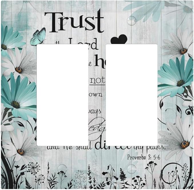 Rustic Teal Daisy Bible Verse Wooden Inspirational Quote Decorative Outlet Covers 2 Gang Double GFCI Rocker Electrical Wall Panels Light Switch Cover Plate for Bedroom Living Room Decor